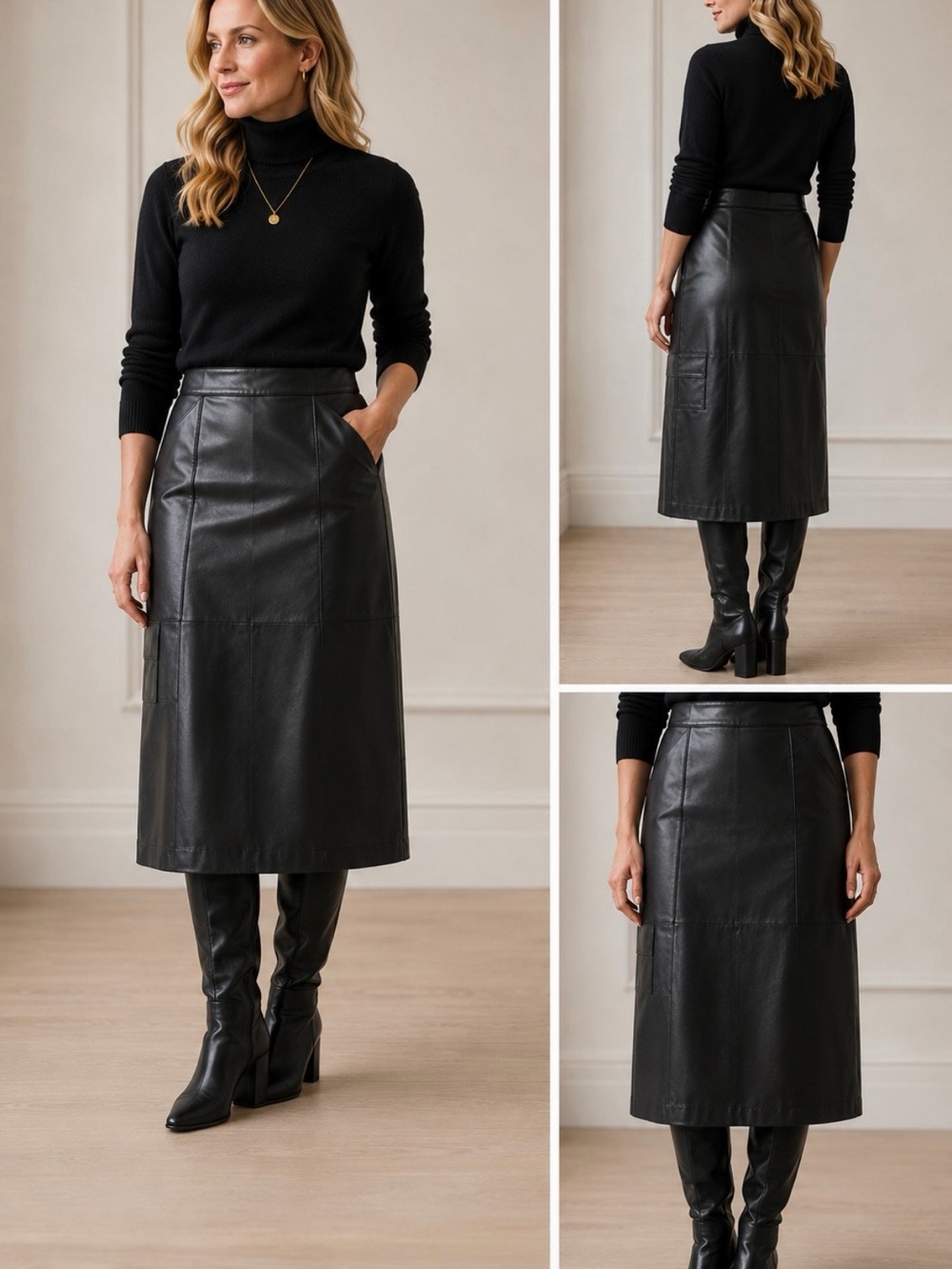 Treasure & Bond Black Leather Midi Skirt